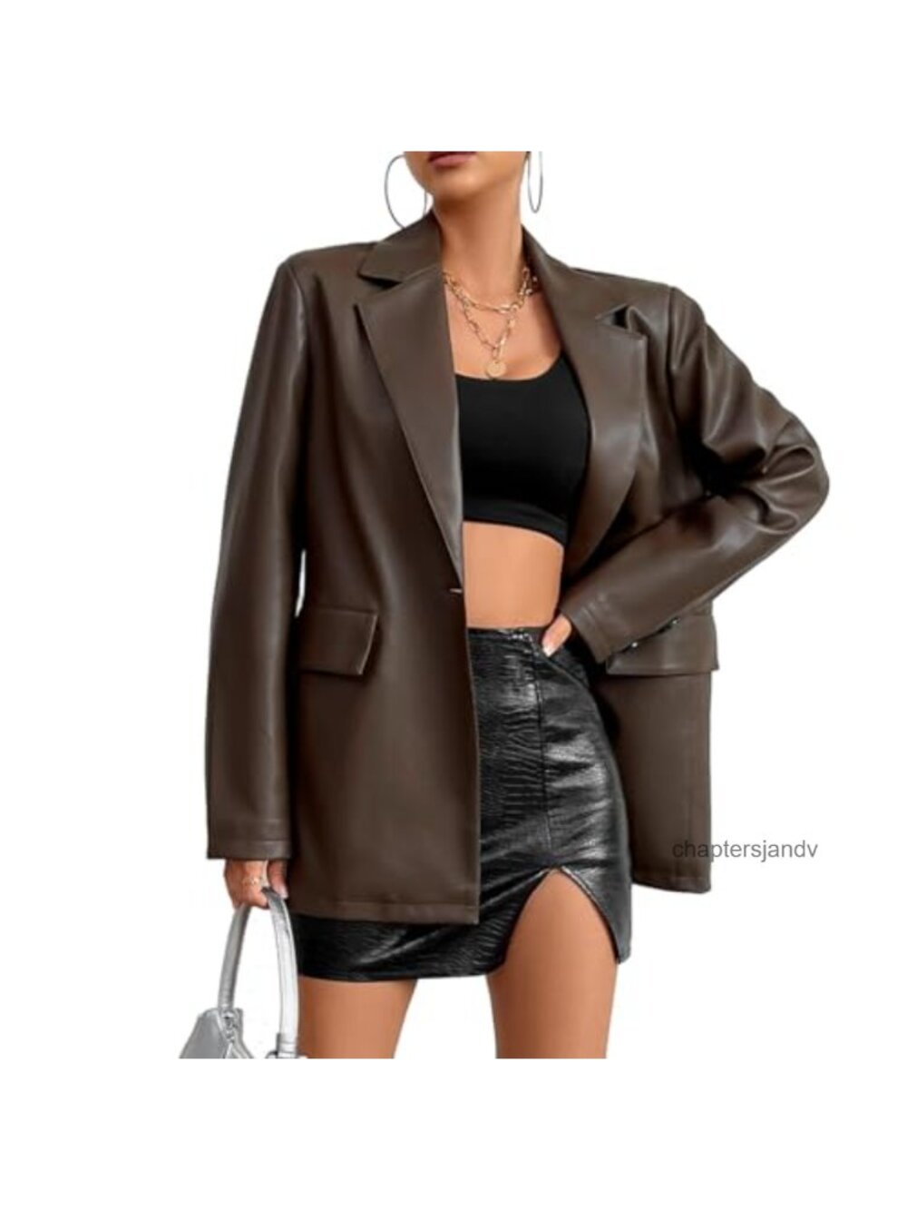 Faux Leather Blazer Jacket Notch Lapel Button Moto Biker Coat Long Sleeve